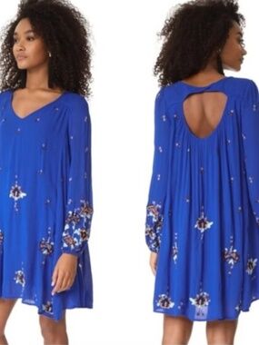 Free People Cobalt Blue Oxford Embroidered Shift Dress- Size XS